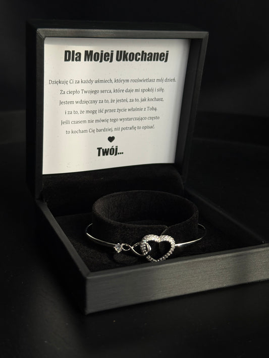 Srebrna bransoletka z sercem – pozłacana 18K białym złotem, elegancki prezent + kartka z wyznaniem