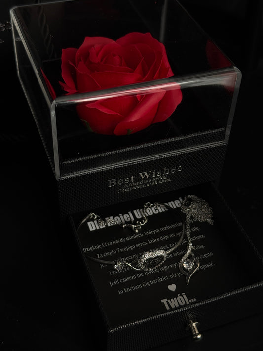 Komplet biżuterii w pudełku prezentowym – mydlana róża, srebrny naszyjnik, srebrna bransoletka + GRATIS
